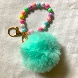 Colorful Beaded Keychain with Fluffy Teal Pom Pom
